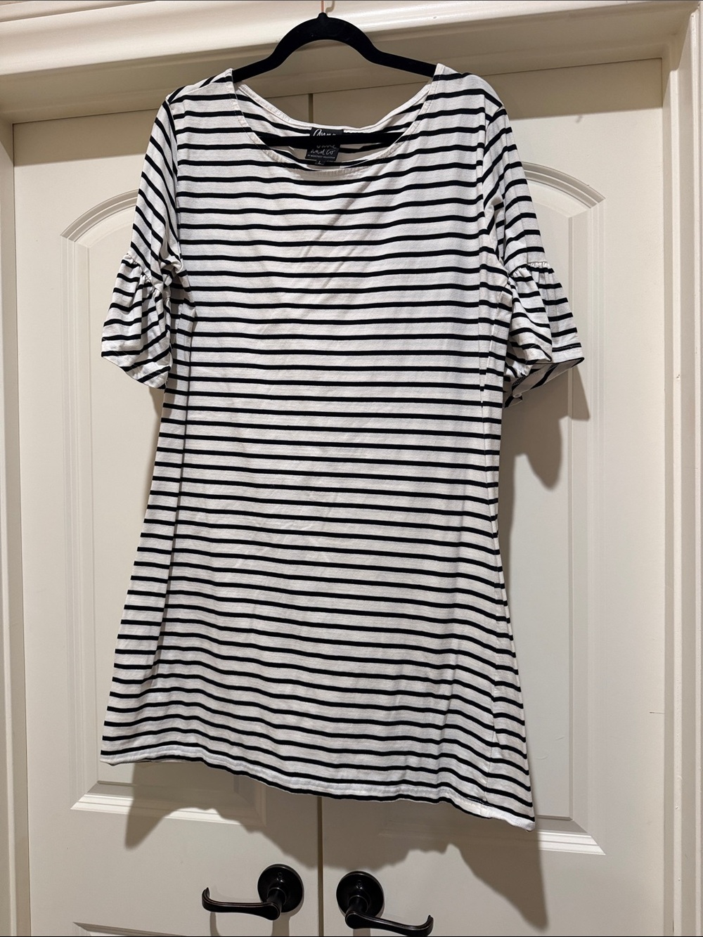 Black & White Striped Mini Dress with Ruffle Sleeves